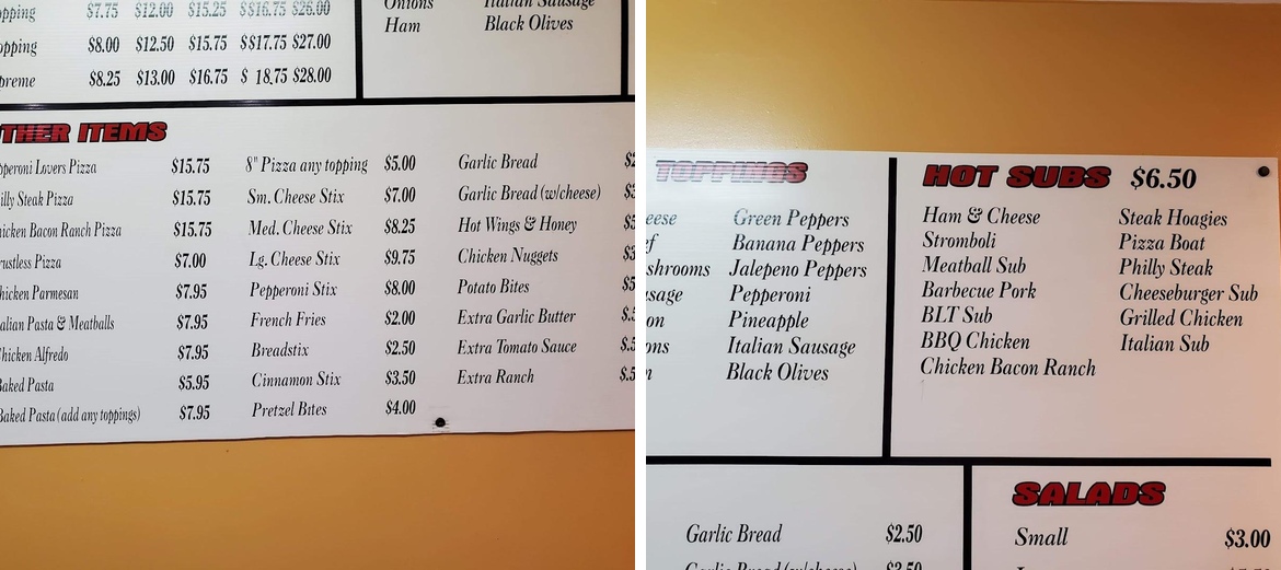 Paradise Pizza Menu