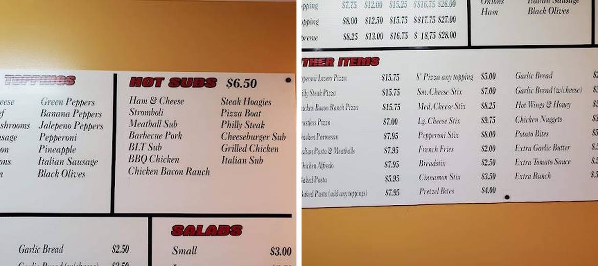 Paradise Pizza Menu